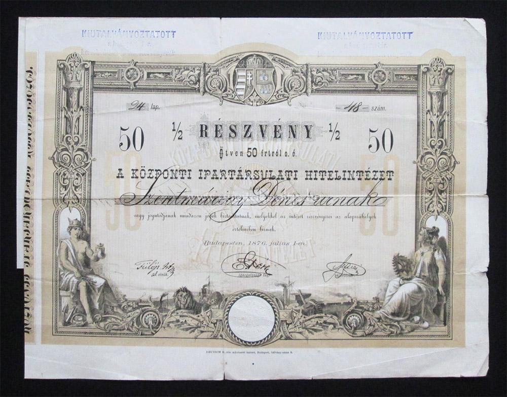 Kzponti Ipartrsulati Hitelintzet 1/2 rszvny 50 forint 1876